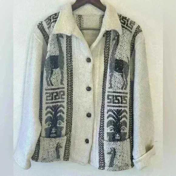 Vintage Women’s Sz L Cream Wool Button-up Jacket Alpaca Native Western Design - Picture 1 of 14